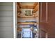 Storage space with wood shelving, paint cans, and beach chairs at 505 Bainbridge Dr, Atlanta, GA 30327