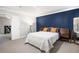 Spacious bedroom featuring a bright, bold blue accent wall and a carpeted floor at 1299 Dunwoody Cv, Atlanta, GA 30338