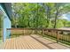 A spacious wooden deck with black metal railings overlooks the lush green backyard at 1596 Pontiac Se Pl, Atlanta, GA 30315