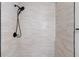 Modern shower featuring stylish subway tile and black fixtures at 6703 Cameron Rd, Morrow, GA 30260