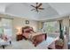 Spacious main bedroom with a trey ceiling, ceiling fan, and two windows with blinds at 3918 Windgrove Xing, Suwanee, GA 30024