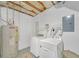 Functional laundry room with washer, dryer, water heater, and storage shelves for organization at 20 Balfour Dr, Covington, GA 30014