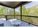 Relaxing covered balcony with black railings showcasing surrounding trees with a glass table for relaxing or entertainment at 4208 Sierra Creek Ct, Hoschton, GA 30548