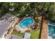 Aerial view of kidney bean shaped pool, gazebo, stone patio, and landscaped yard at 5641 Roberts Dr, Dunwoody, GA 30338