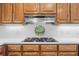 Close-up of a gas cooktop with wooden cabinets, white backsplash, and stainless-steel range hood, showcasing style at 1410 Daley Ridge Ct, Lawrenceville, GA 30045