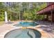 Backyard pool and spa with surrounding stone patio and lush greenery at 1459 Harris Rd, Lawrenceville, GA 30043