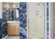 Bathroom featuring blue patterned wallpaper, a vanity with a sink, and a glass-enclosed shower at 2530 Parkdale Pl, Atlanta, GA 30305