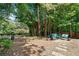 Inviting backyard seating area with comfortable furniture, a fire pit, and lush greenery, perfect for relaxing outdoors at 374 Meadowmeade Cv, Lawrenceville, GA 30043