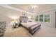 Main bedroom with tray ceiling, plush carpet, a large window, and elegant decor at 374 Meadowmeade Cv, Lawrenceville, GA 30043