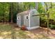 Garden shed featuring painted siding, a shingled roof, and small white framed windows at 404 Bridlewood Cir, Decatur, GA 30030