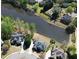 Aerial view of several houses in neighborhood, lake and backyard with pool at 870 Longstone Lndg, Alpharetta, GA 30022