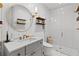 Modern bathroom featuring a round mirror, open shelving, and glass-enclosed shower at 127 Ravenhurst Dr, Fayetteville, GA 30214