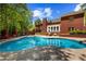 Large backyard pool surrounded by a brick patio, trees and lush greenery at 215 The Farm Rd, Mcdonough, GA 30252
