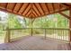 This covered wooden deck offers an outdoor space with views of surrounding trees and nature at 128 Partridge Rdg, Woodstock, GA 30188