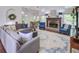 Cozy living room featuring a fireplace, large rug, comfortable seating, and views of the surrounding landscape at 2175 Eagle Trce, Cumming, GA 30040