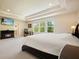 Bright main bedroom featuring a modern ceiling, fireplace, windows with natural light, and a large comfortable bed at 526 Lost Creek Dr, Woodstock, GA 30188