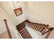 A birds-eye view captures the wooden stairs with white risers and a white banister at 526 Lost Creek Dr, Woodstock, GA 30188
