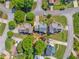 Aerial view of homes with mature trees, driveways, and well-maintained lawns in a suburban neighborhood at 2325 Walnut Grove Way, Suwanee, GA 30024