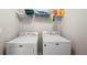 Functional laundry room features a dryer and washer with overhead shelving for storage at 7665 Golden Sands Dr, Cumming, GA 30041