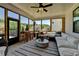 A beautiful screened porch with views of the outdoors, a ceiling fan, and plenty of seating at 105 Aspen Hall Dr, Canton, GA 30115
