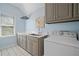 This laundry room is bright with a large countertop, convenient sink, storage cabinets, and a modern washing machine at 18 Rose Gate Ne Dr, Atlanta, GA 30342