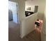 Interior view of stairs leading to the kitchen and living room featuring carpeted stairs and a modern aesthetic at 205 Sullivan St, Hampton, GA 30228