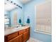 Bathroom with a cherry wood cabinet beneath the sink, a bright light, and a window at 33 Blue Springs Way, Dallas, GA 30157