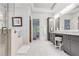 Bright bathroom featuring a walk-in shower and double vanity at 3318 Monceau Way, Roswell, GA 30075