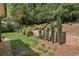 Serene backyard oasis with lush landscaping, mature trees, and a charming retaining wall at 1282 Fairhill Ne Ln, Atlanta, GA 30319