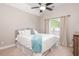 Cozy bedroom features a ceiling fan, carpet flooring, a window, and a comfortable bed at 107 Estates At The Lake Dr, Canton, GA 30114