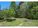 Spacious backyard with a path of stepping stones, a tree line, and plenty of shade at 6500 Chickasaw Dr, Douglasville, GA 30135