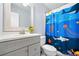 Charming bathroom with vanity with storage and bright shower curtain at 1401 Parkaire Xing, Marietta, GA 30068