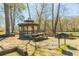 Wooden gazebo by a lake with picnic tables and charcoal grills at 1250 Northcliff Trce, Roswell, GA 30076