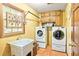This laundry room features modern washer and dryer, sink, and a practical design for easy chore management at 175 Flat Creek Ct, Fayetteville, GA 30214