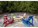 Cozy backyard firepit surrounded by Adirondack chairs and lush greenery, perfect for entertaining at 104 Fairway Overlook, Woodstock, GA 30188