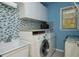 Tiled laundry room with front load washer and dryer, complemented with storage cabinet and counter space at 104 Fairway Overlook, Woodstock, GA 30188