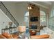 Cozy living room showcases a stone fireplace, high ceilings, and staircase access at 104 Fairway Overlook, Woodstock, GA 30188