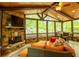 Spacious sunroom with stone fireplace, wood ceilings, and tranquil outdoor views at 104 Fairway Overlook, Woodstock, GA 30188