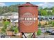 A close up view of the City Center water tower that sits near the shops and businesses of the Cumming City Center at 1095 Lanier Pl, Cumming, GA 30041
