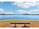 Picturesque lake view with calm blue water, lush greenery, and a comfortable wooden bench in the foreground at 1095 Lanier Pl, Cumming, GA 30041