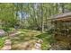 Secluded backyard with fire pit, screened porch, and shed, surrounded by mature trees at 3311 Stillhouse Se Rd, Atlanta, GA 30339