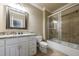 Well-lit bathroom featuring a granite countertop, white cabinetry, and a shower with glass doors at 3250 Twisted Branches Ln, Marietta, GA 30068
