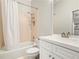 A clean bathroom features a shower-tub combination and a white vanity at 4201 Village Green Dr, Roswell, GA 30075