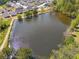Aerial view of the community pond and surrounding neighborhood at 2526 Knob Creek Dr, Snellville, GA 30078