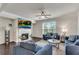 Inviting living room with a fireplace, mounted TV, lots of windows, and comfortable blue couches at 3950 Grandview Manor Dr, Cumming, GA 30028