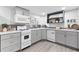 Corner kitchen featuring gray cabinets, white appliances, and laminate flooring at 3982 Battleford Ct, Atlanta, GA 30341