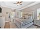 This inviting main bedroom boasts a tray ceiling, neutral colors, plush carpet and bright windows at 17 Brightwater Cv, Dallas, GA 30157