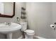 Updated half bathroom with pedestal sink and decorative wall shelves at 2023 Reserve Pkwy, Mcdonough, GA 30253