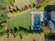 Aerial view showcases a beautiful backyard with a pool, lush lawn, and mature landscaping at 2199 Tayside Nw Xing, Kennesaw, GA 30152