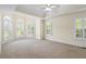 Spacious main bedroom featuring a tray ceiling, carpet floors, and a large bank of windows at 1213 Blue Springs Dr, Loganville, GA 30052